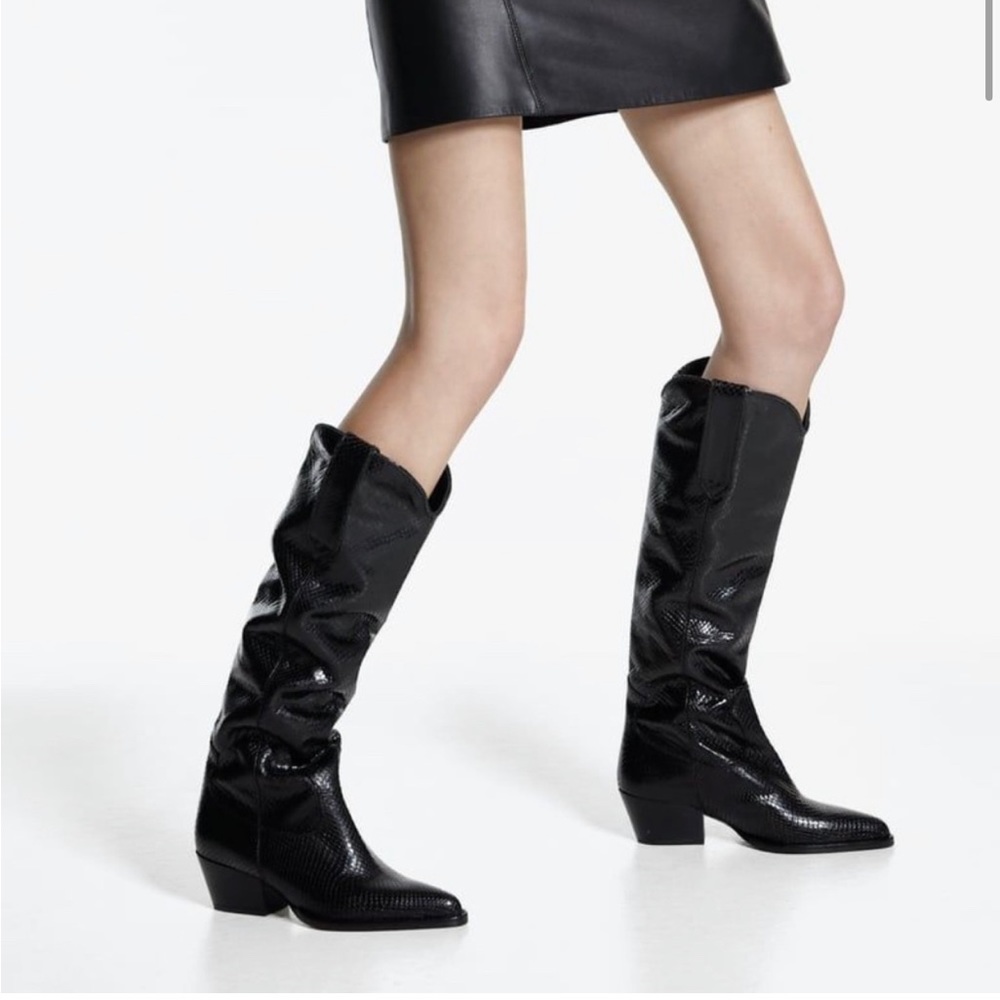 Zara animal print heeled leather cowboy boots